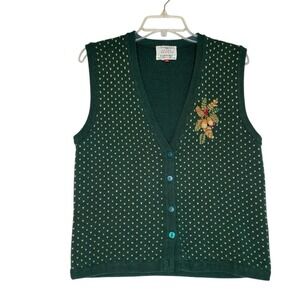 Vintage Susan Bristol Knit Vest Size M Green Hand Embroidered Cottagecore Granny